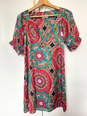 100% Silk Boho Mandala Print Dress Large